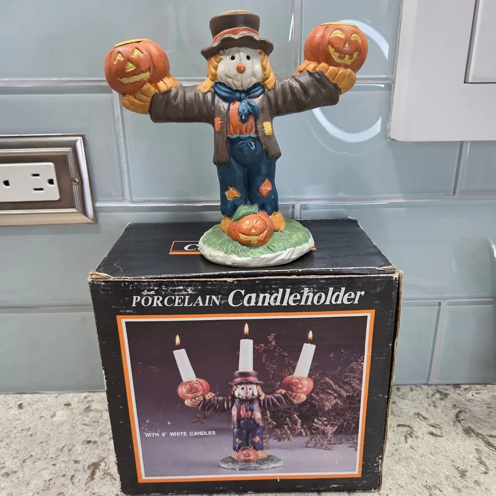Vintage Scarecrow Porcelain‎ Taper Candle Holder Halloween Fall Decor ABC
